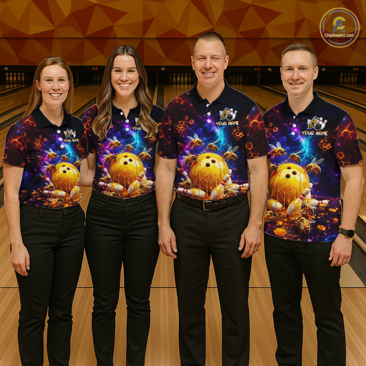 Four people wearing of a dark bowling quarter zip with cosmic honeycomb graphics, bees, honey-dripping bowling balls, pins, and custom your name text.