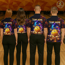 Load image into Gallery viewer, Four people wearing of a dark bowling quarter zip with cosmic honeycomb graphics, bees, honey-dripping bowling balls, pins, and custom team name text.