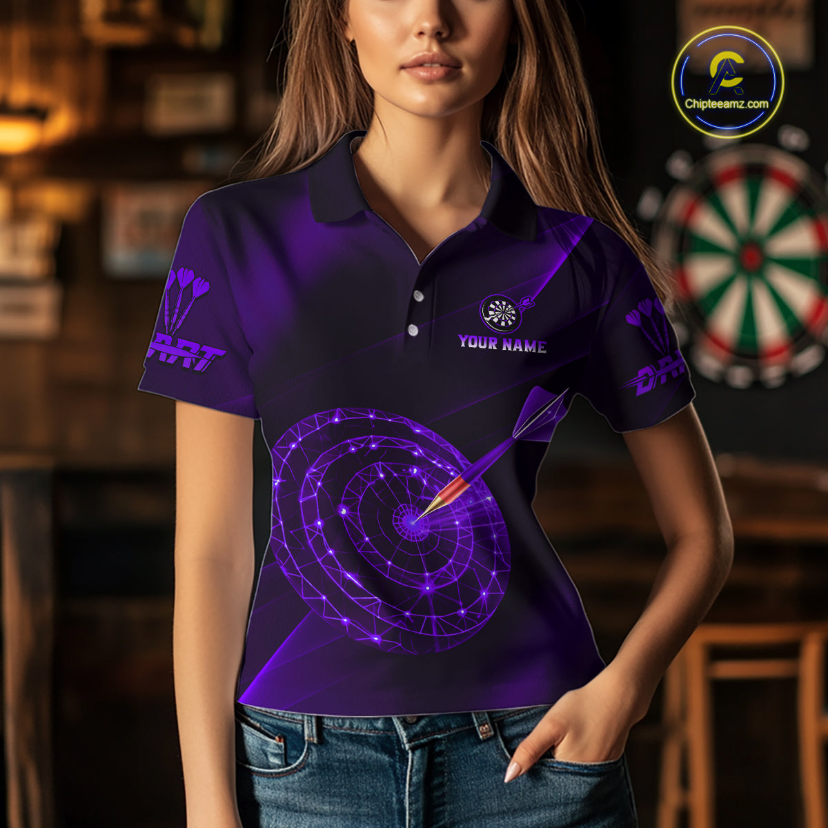 Custom Neon Purple Cyber Dartboard Darts Shirt for Women Darts Team Jerseys Polo & 1/4 Zip NNT132