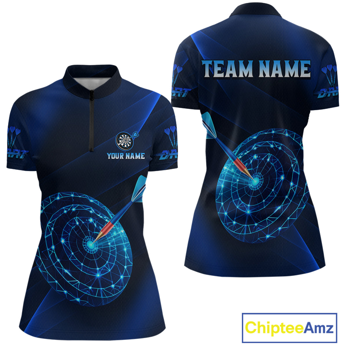Custom Neon Blue Cyber Dartboard Darts Shirt for Women Darts Team Jerseys Polo & 1/4 Zip NNT132