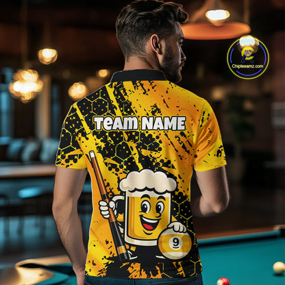 Man wearing a yellow polo shirt with a beer mug graphic and 'Team Name' text in a bar setting.