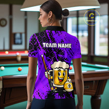 Load image into Gallery viewer, Woman wearing a bright purple billiards polo with black splatter graphics, custom “TEAM NAME” text, and a smiling beer mug mascot holding a pool cue.
