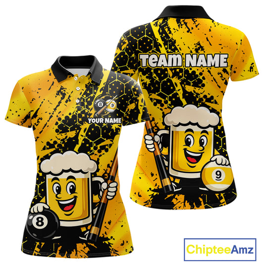 Custom pool team shirt featuring a cartoon beer mug character, 8-ball and 9-ball graphics, and personalized “TEAM NAME” and “YOUR NAME” text areas.