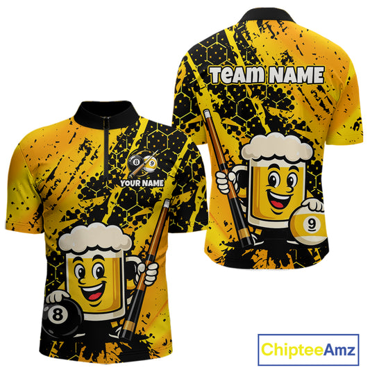 Custom pool team shirt featuring a cartoon beer mug character, 8-ball and 9-ball graphics, and personalized “TEAM NAME” and “YOUR NAME” text areas.