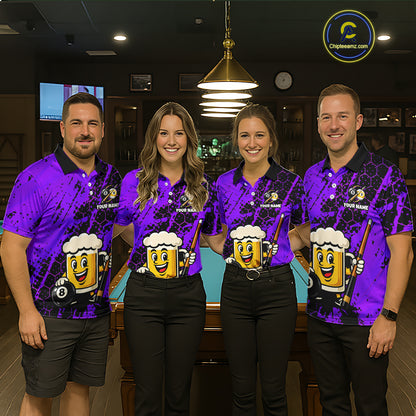 Four people wearing a bright purple billiards polo with black splatter graphics, custom “YOUR NAME” text, and a smiling beer mug mascot holding a pool cue.