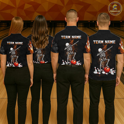 Four people standing from the back in a bowling alley, wearing matching black short-sleeve bowling shirts with a large back graphic of a dancing skeleton bowling with red and white bowling balls. The shirts also have 'TEAM NAME' printed on the upper back.