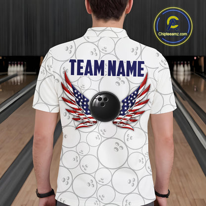 A man viewed from behind wearing a white bowling-themed short-sleeve shirt with a repeating bowling ball pattern, 'TEAM NAME' printed in navy across the upper back, and a large black bowling ball graphic flanked by red, white, and blue wings. The background shows bowling lanes, and a circular 'Chipteeamz.