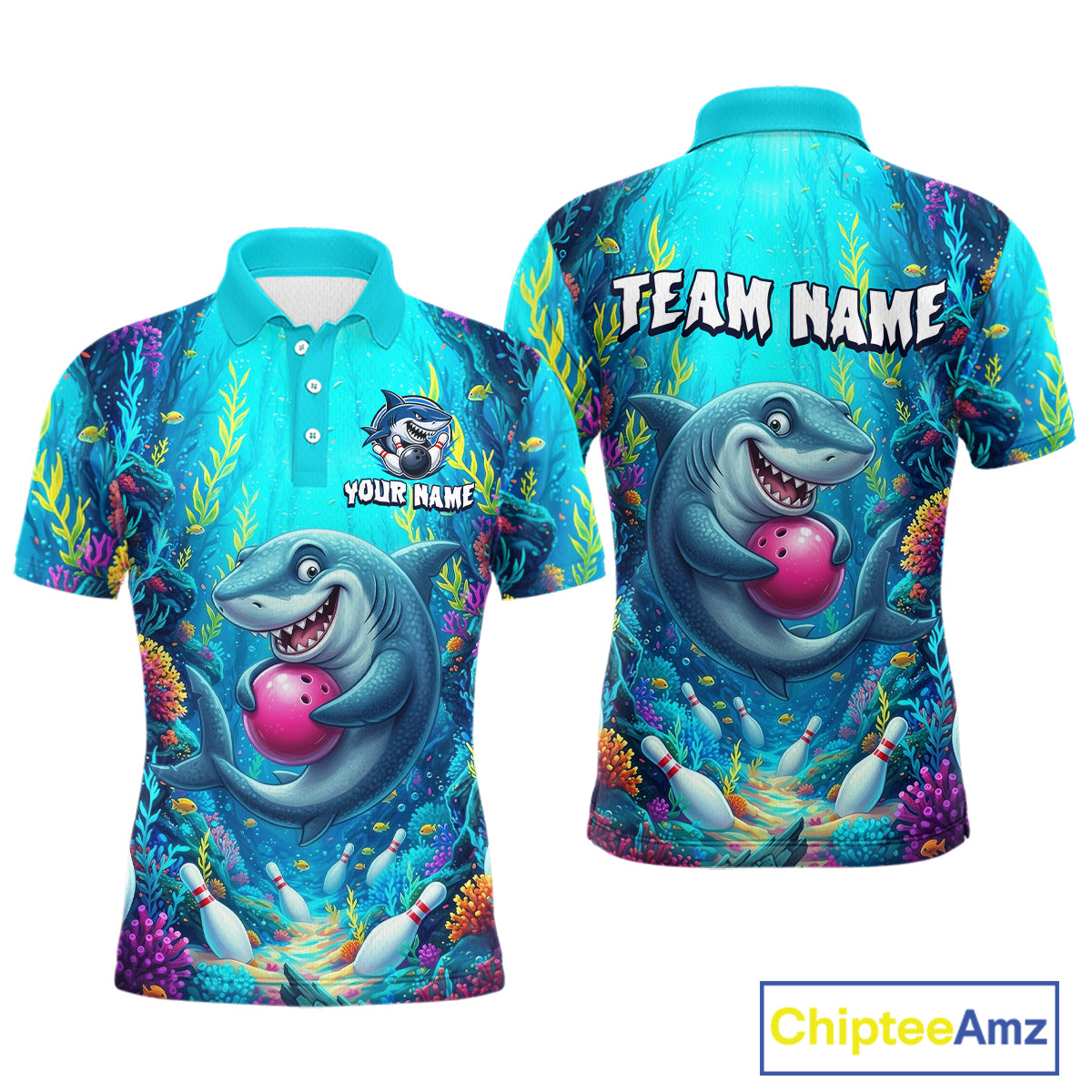 Custom Ocean Funny Shark Bowling Jersey for Men Funny Bowling Team Shirts Bowling Uniform HNT300