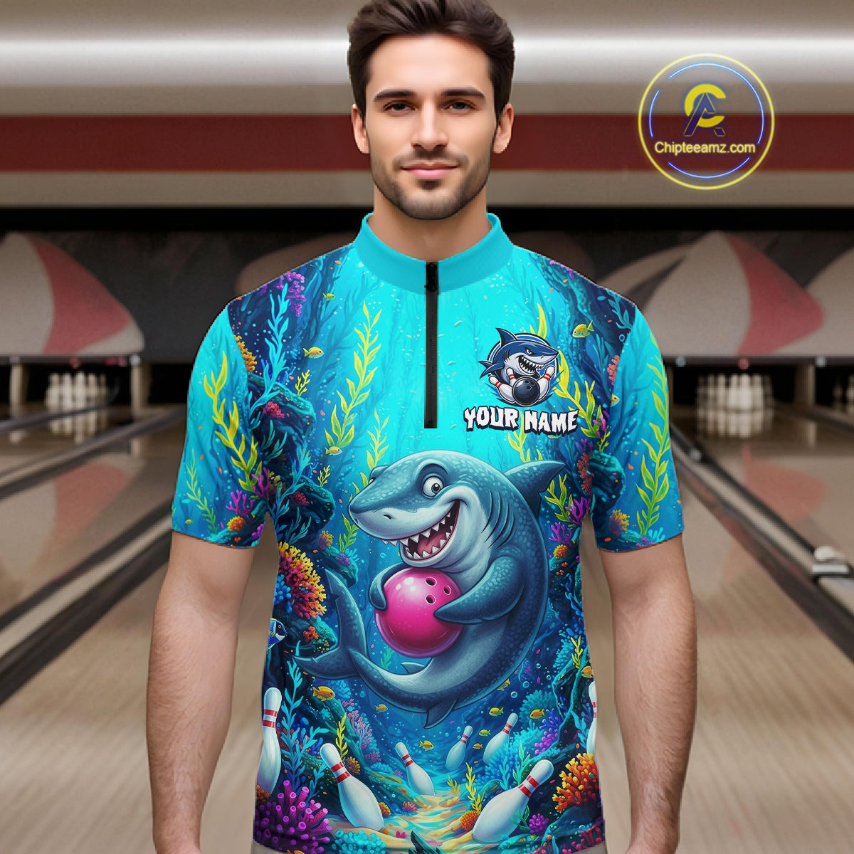 Custom Ocean Funny Shark Bowling Jersey for Men Funny Bowling Team Shirts Bowling Uniform HNT300