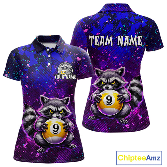 Purple polo shirt with raccoon design holding a pool ball, customizable text on a white background.