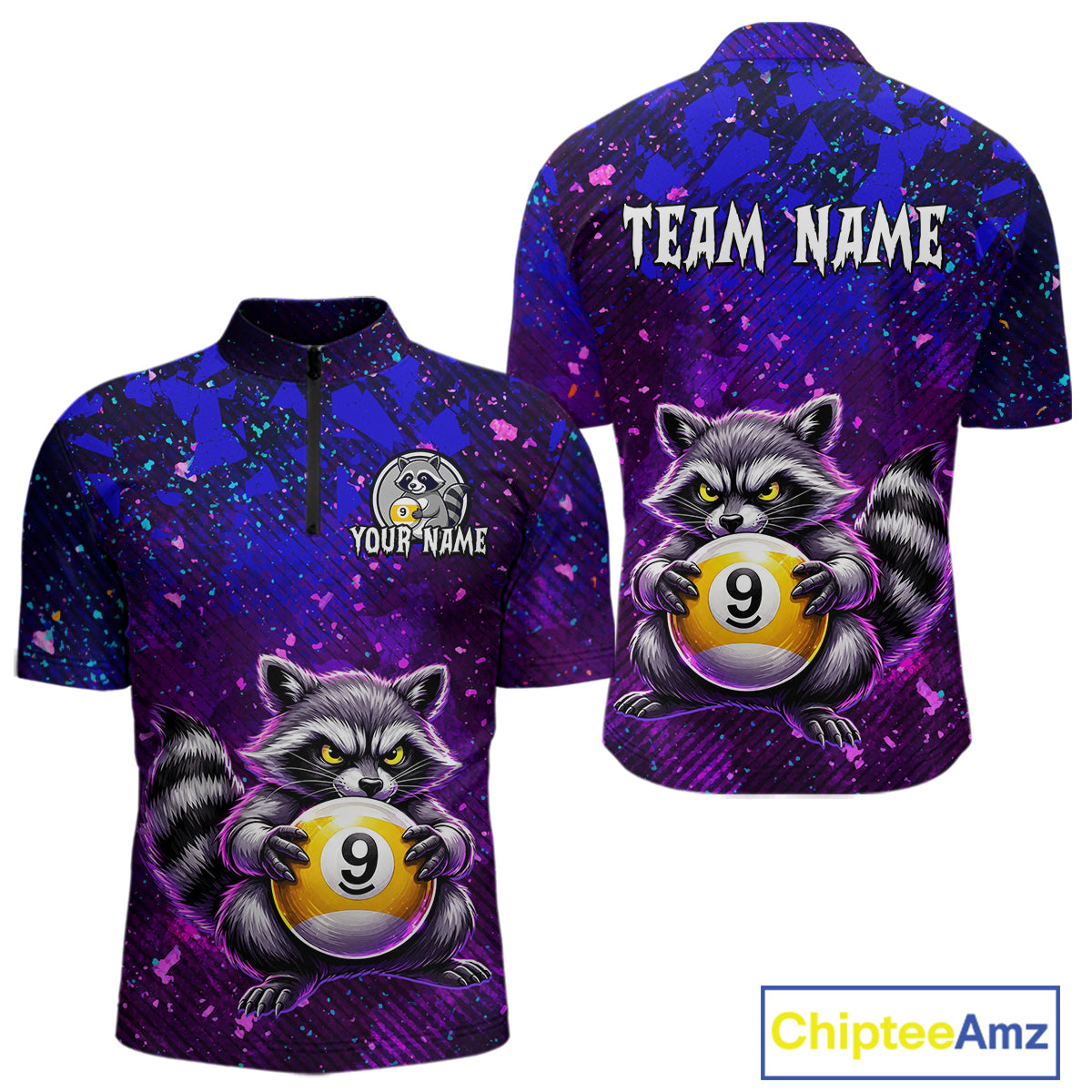 Purple raccoon-themed shirt with billiard ball design and customizable text on a white background.