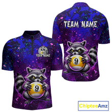 Load image into Gallery viewer, Purple raccoon-themed shirt with billiard ball design and customizable text on a white background.