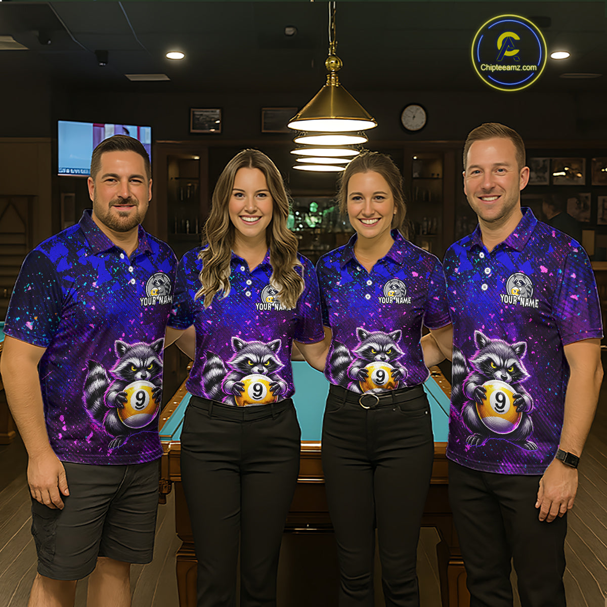 Four people wearing matching purple shirts with raccoon and pool ball designs in a bar setting.