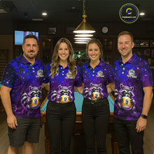 Load image into Gallery viewer, Four people wearing matching purple shirts with raccoon and pool ball designs in a bar setting.