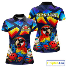 Load image into Gallery viewer, Front and back views of a short-sleeve polo shirt with a colorful geometric pattern and a large cartoon parrot graphic wearing sunglasses, on a white background. The shirt includes customizable text placeholders 'YOUR NAME' and 'TEAM NAME'.