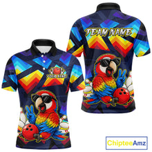 Load image into Gallery viewer, Front and back views of a short-sleeve polo shirt on a white background. The shirt features a dark blue geometric patterned base with a large colorful parrot graphic wearing sunglasses and making a peace sign, alongside bowling balls.
