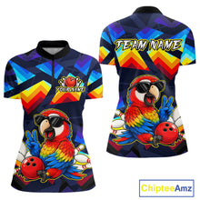 Load image into Gallery viewer, Front and back views of a short-sleeve women's polo shirt with a colorful geometric pattern and a large cartoon parrot graphic. The shirt includes customizable text areas reading 'YOUR NAME' on the chest and 'TEAM NAME' on the back.