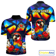 Load image into Gallery viewer, Custom short-sleeve zip-up athletic jersey shown from the front and back, featuring a colorful geometric pattern in blue, yellow, red, and orange on a dark navy base, with a cartoon parrot wearing sunglasses and holding a bowling ball, plus customizable text areas.