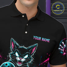 Load image into Gallery viewer, A close-up of a man wearing a black short-sleeve polo shirt with a colorful graphic of a cartoon cat holding a bowling ball, the text 'YOUR NAME' on the chest, and a bowling pin graphic on the sleeve. A circular 'Chiplearnz.