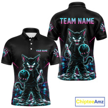 Load image into Gallery viewer, Black short-sleeve polo athletic jersey shown from front and back, featuring a neon-style cartoon cat holding bowling pins and balls, with customizable text placeholders 'YOUR NAME' and 'TEAM NAME'. A 'ChipteeAmz' logo appears in the bottom right corner.