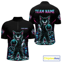 Load image into Gallery viewer, Black short-sleeve quarter-zip athletic jersey shown from front and back, featuring a neon-style cartoon cat holding bowling pins and balls, with customizable text placeholders 'YOUR NAME' and 'TEAM NAME'. A 'ChipteeAmz' logo appears in the bottom right corner.