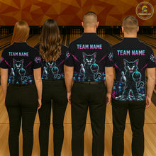 Load image into Gallery viewer, Four people standing from the back in a bowling alley, wearing matching black short-sleeve bowling shirts with a colorful cat graphic and 'TEAM NAME' text on the back.