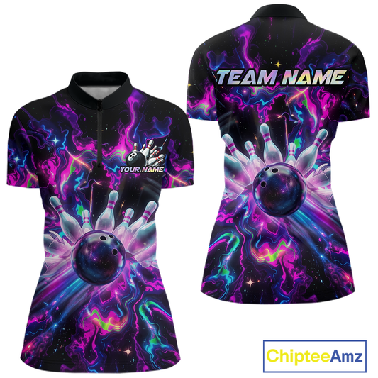 Custom Watercolor Pink Purple Bowling Jersey for Women Bowling Team Shirts Polo & 1/4 Zip HNT268