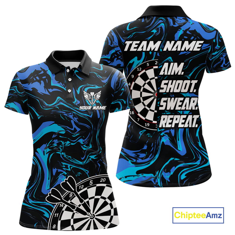 Turquoise-Blue Pattern Aim Shoot Swear Repeat Darts Team Jerseys Dart Shirts For Women NNT168