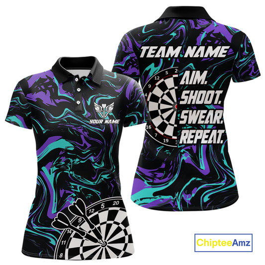 Turquoise-Purple Pattern Aim Shoot Swear Repeat Darts Team Jerseys Dart Shirts For Women NNT168