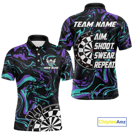 Turquoise-Purple Pattern Aim Shoot Swear Repeat Darts Team Jerseys Dart Shirts For Men NNT168