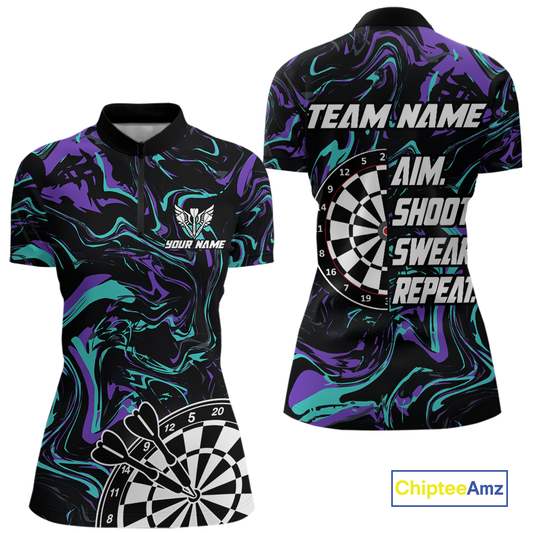 Turquoise-Purple Pattern Aim Shoot Swear Repeat Darts Team Jerseys Dart Shirts For Women NNT168