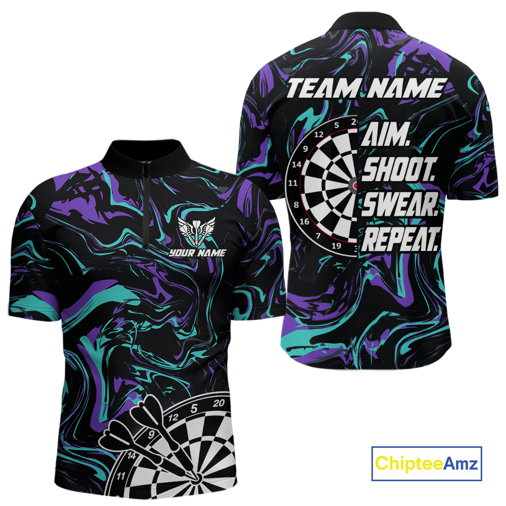 Turquoise-Purple Pattern Aim Shoot Swear Repeat Darts Team Jerseys Dart Shirts For Men NNT168