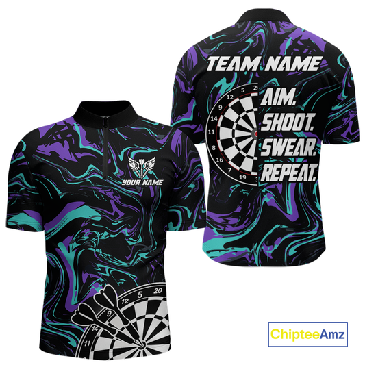 Turquoise-Purple Pattern Aim Shoot Swear Repeat Darts Team Jerseys Dart Shirts For Men NNT168