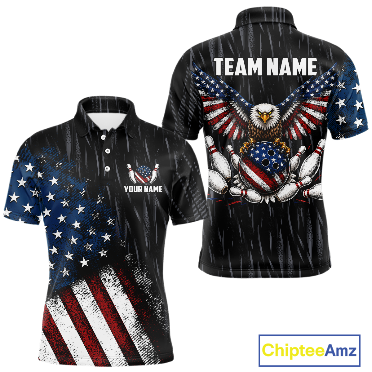 Front and back views of a black patriotic bowling polo shirt featuring distressed American flag graphics, custom team and player name text, and a bald eagle with spread wings above a flag-themed bowling ball and pins.