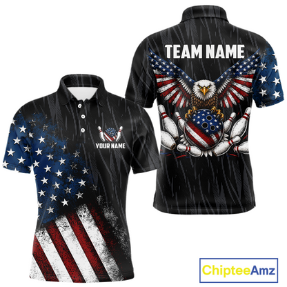 Front and back views of a black patriotic bowling polo shirt featuring distressed American flag graphics, custom team and player name text, and a bald eagle with spread wings above a flag-themed bowling ball and pins.