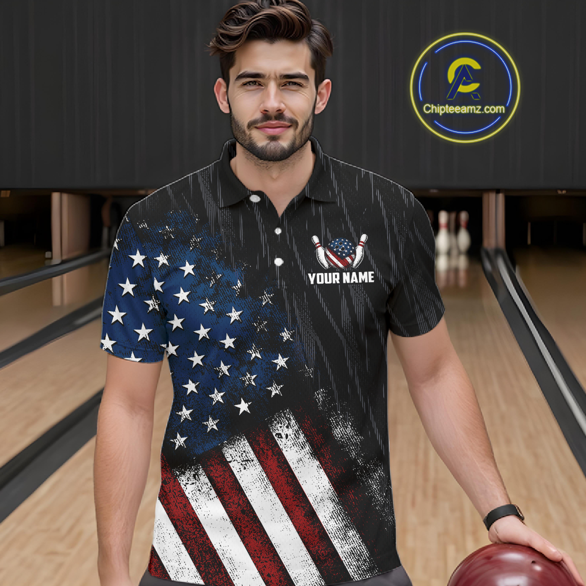 Man wearing a black patriotic bowling polo shirt featuring distressed American flag graphics, custom team and player name text, and a bald eagle with spread wings above a flag-themed bowling ball and pins.