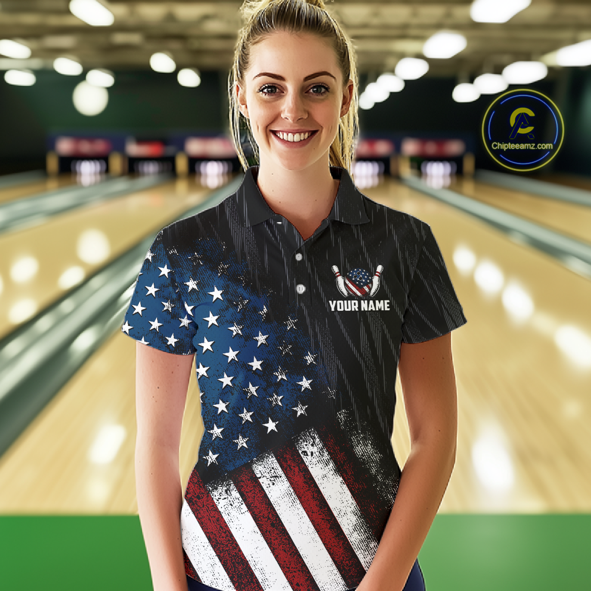 Woman wearing a black patriotic bowling polo shirt featuring distressed American flag graphics, custom team and player name text, and a bald eagle with spread wings above a flag-themed bowling ball and pins.
