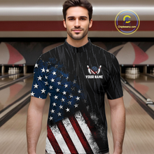 Load image into Gallery viewer, Man wearing a black patriotic bowling quarter zip shirt featuring distressed American flag graphics, custom team and player name text, and a bald eagle with spread wings above a flag-themed bowling ball and pins.