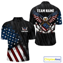Load image into Gallery viewer, Front and back views of a black patriotic bowling quarter zip shirt featuring distressed American flag graphics, custom team and player name text, and a bald eagle with spread wings above a flag-themed bowling ball and pins.