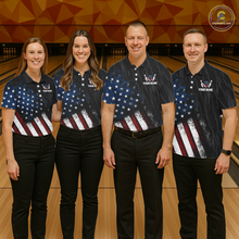 Load image into Gallery viewer, Four people wearing black patriotic bowling polo shirt featuring distressed American flag graphics, custom team and player name text, and a bald eagle with spread wings above a flag-themed bowling ball and pins.