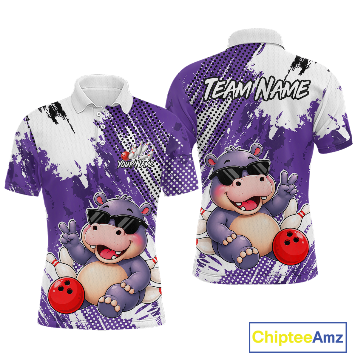 Front and back views of a white and purple bowling polo with paint-splatter patterns, featuring a smiling hippo in sunglasses, bowling pins, and a red bowling ball.