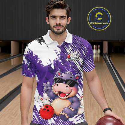 Man wearing a bowling polo shirt featuring smiling hippo mascot in sunglasses, bowling pins, and a red bowling ball