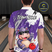 Load image into Gallery viewer, Man wearing a bowling polo shirt featuring smiling hippo mascot in sunglasses, bowling pins, and a red bowling ball