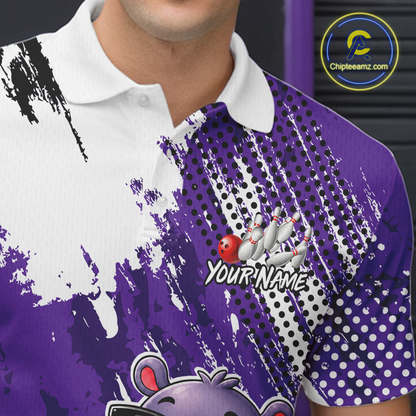 Man wearing a bowling polo shirt featuring smiling hippo mascot in sunglasses, bowling pins, and a red bowling ball