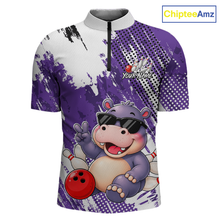 Load image into Gallery viewer, Front views of a white and purple bowling quarter zip with paint-splatter patterns, featuring a smiling hippo in sunglasses, bowling pins, and a red bowling ball.