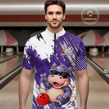 Load image into Gallery viewer, Man wearing a bowling quarter zip shirt featuring smiling hippo mascot in sunglasses, bowling pins, and a red bowling ball