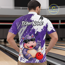 Load image into Gallery viewer, Man wearing a bowling polo shirt featuring smiling hippo mascot in sunglasses, bowling pins, and a red bowling ball