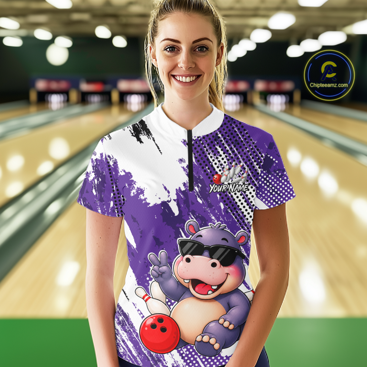 Custom Funny Hippo Bowling Team Shirts Bowling Shirt for Women Bowling League Polo &1/4 Zip HNT348