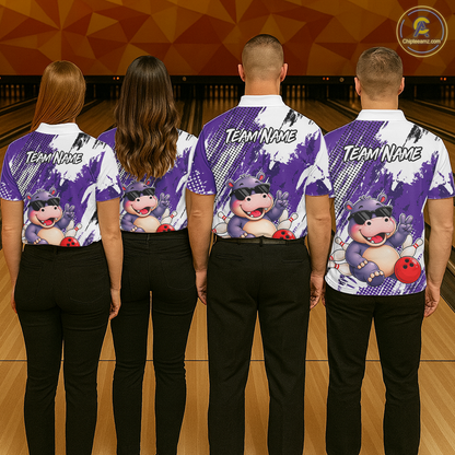 Custom Funny Hippo Bowling Team Shirts Bowling Shirt for Women Bowling League Polo &1/4 Zip HNT348