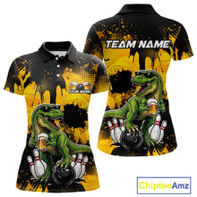 Load image into Gallery viewer, Front and back bowling polo shirt featuring a dinosaur holding beer with bowling pins and ball artwork on black yellow background.